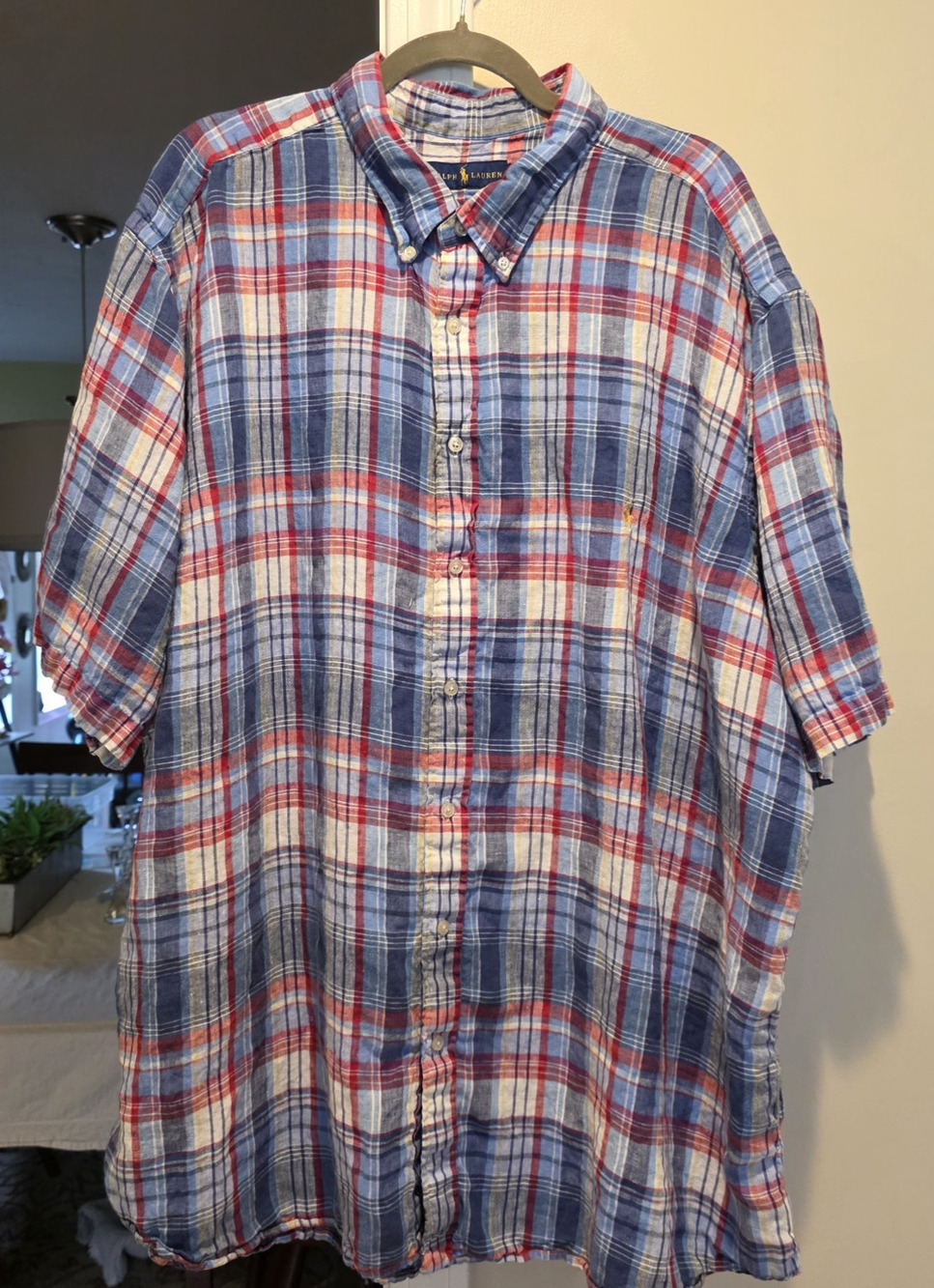 Ralph Lauren 3XL Tall Linen Plaid Short Sleeve Button Down Classic Yellow Pony